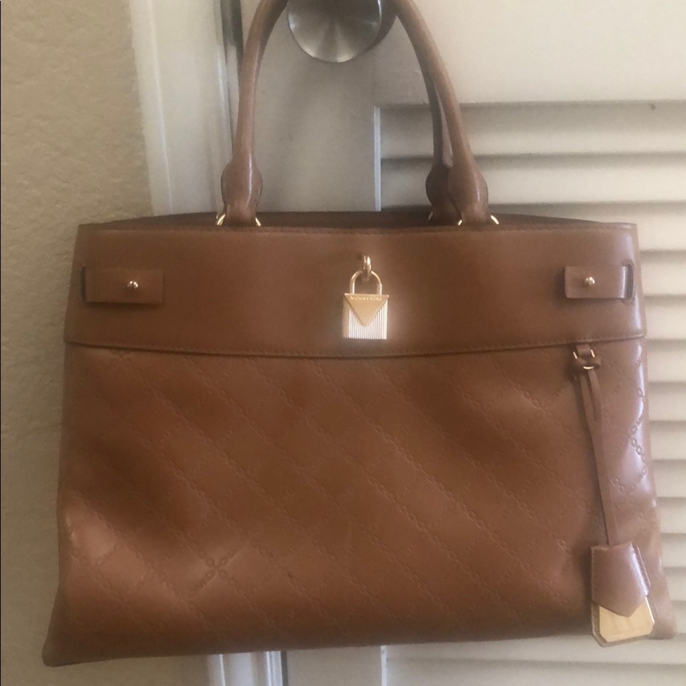 MICHAEL Michael Kors Brown Leather Satchel with Silver Padlock